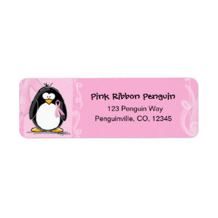 Pink ribbon penguin return address labels