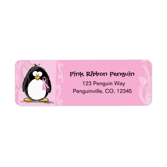 Pink ribbon penguin return address labels