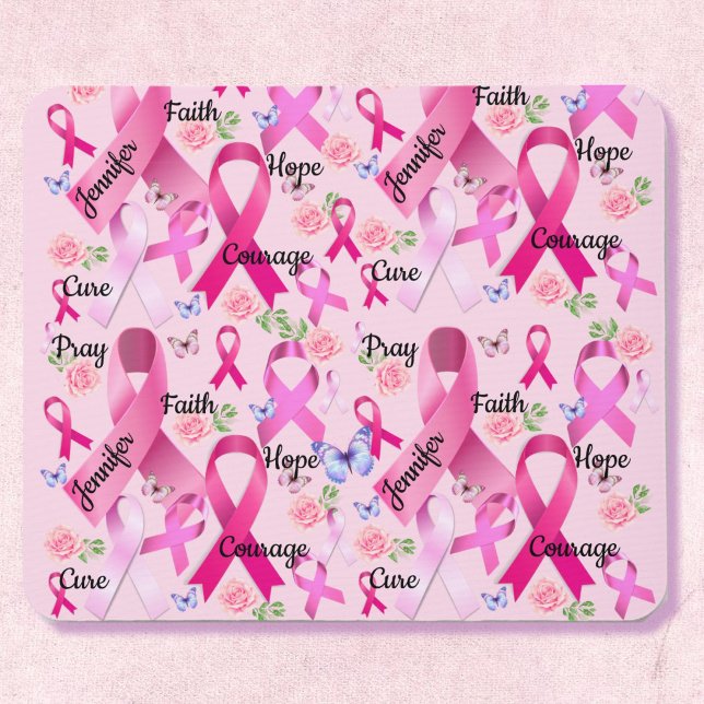 Pink Ribbon Personalise Words & Name Breast Cancer Mouse Pad (Creator Uploaded)