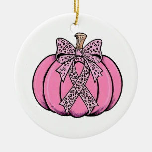 Pink Ribbon Pumpkin Face Halloween Breast Cancer Ceramic Ornament