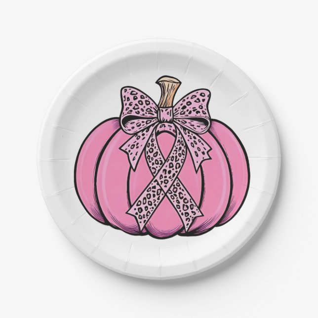 Pink Ribbon Pumpkin Face Halloween Breast Cancer  Paper Plate (Front)