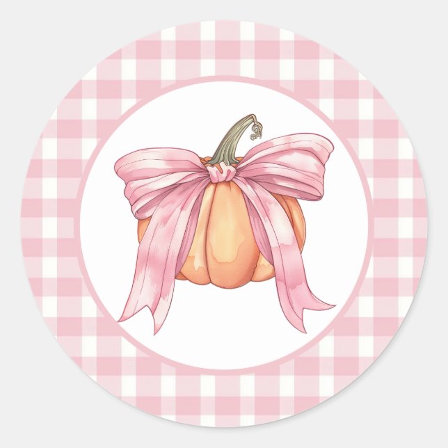 Pink Ribbon Pumpkin, Gingham Coquette Fall Classic Round Sticker (Front)