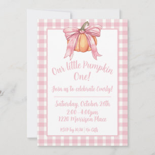 Pink Ribbon Pumpkin, Gingham Pink Girl Fall Bow In Invitation