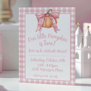Pink Ribbon Pumpkin, Gingham Pink Girl Fall Bow Invitation