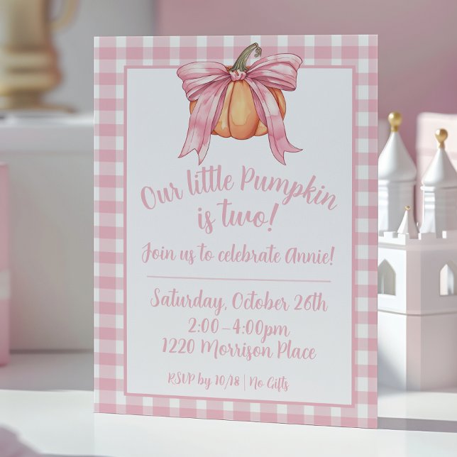 Pink Ribbon Pumpkin, Gingham Pink Girl Fall Bow Invitation (Creator Uploaded)