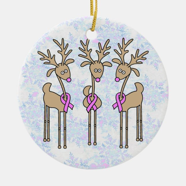 Pink Ribbon Reindeer - Breast Cancer Ceramic Ornament (Front)