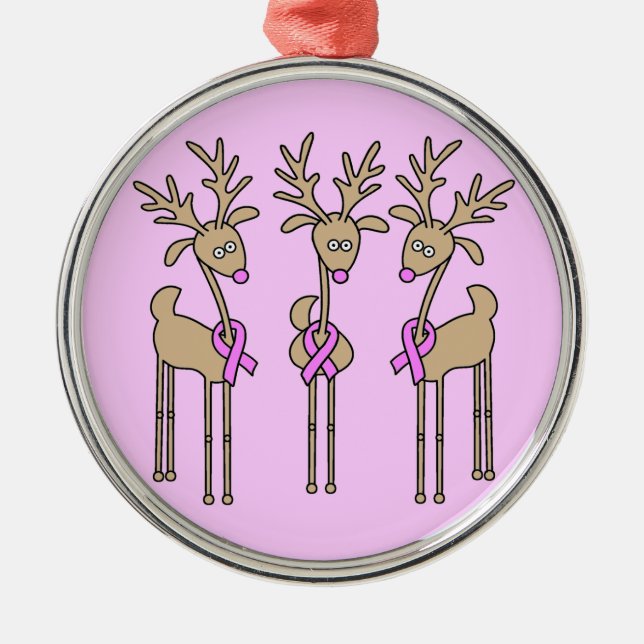 Pink Ribbon Reindeer - Breast Cancer Metal Tree Decoration (Front)