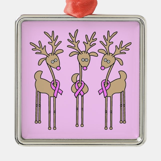 Pink Ribbon Reindeer - Breast Cancer Metal Tree Decoration (Front)