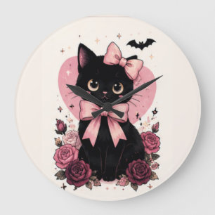 Pink Ribbon Rose Floral Black Cat Large Clock
