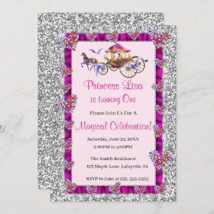 Pink Ribbon Silver Glitter Royal Princess Birthday Invitation