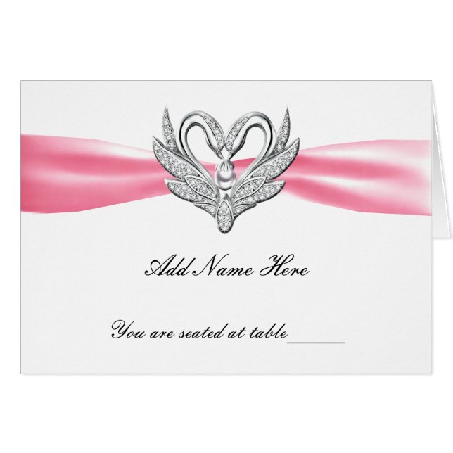 Pink Ribbon Silver Swans Folded Table Place Card (Front Horizontal)