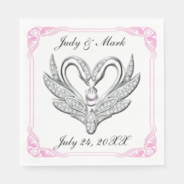 Pink Ribbon Silver Swans Paper Napkins (Front)
