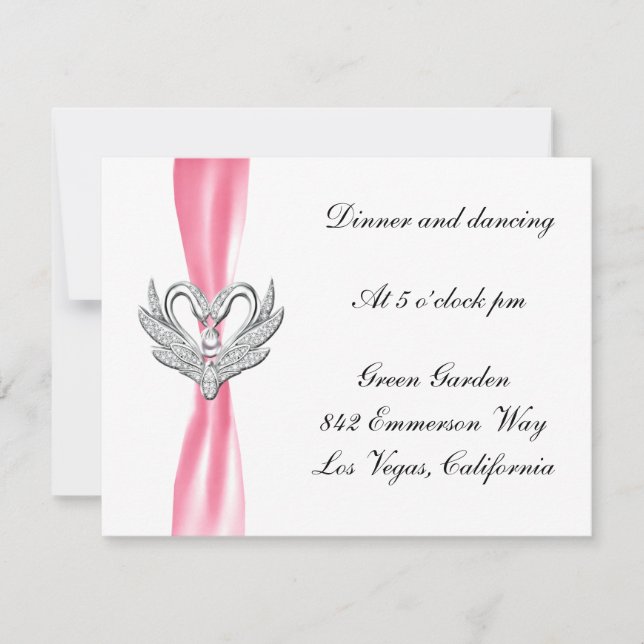 Pink Ribbon Silver Swans Reception Card (Front)