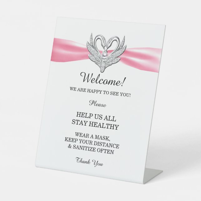 Pink Ribbon Silver Swans Wedding Safety  Pedestal Sign (Front)