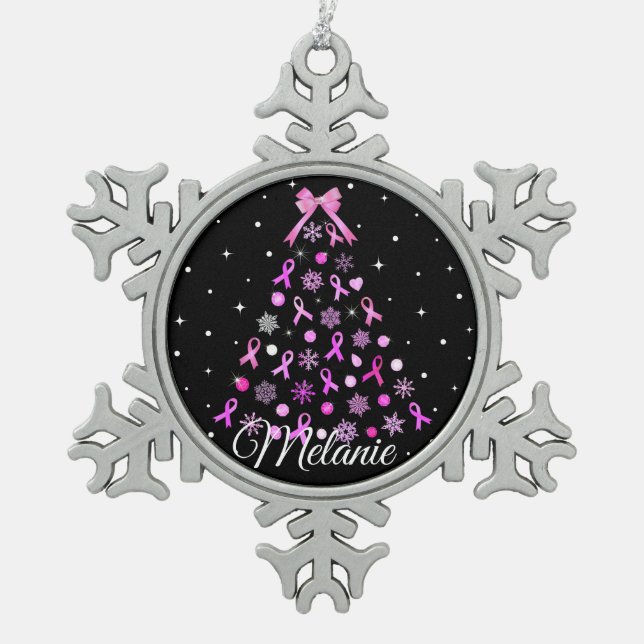 Pink Ribbon Snowflake Christmas Tree Snowflake Pewter Christmas Ornament (Front)