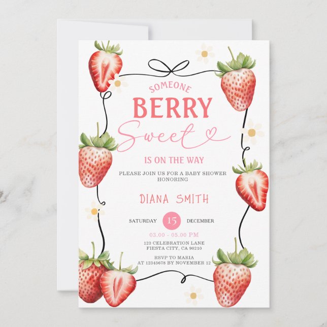 Pink Ribbon Strawberry Sweet Baby Shower Invitation (Front)