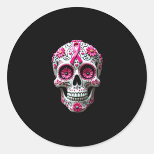 Pink Ribbon Sugar Skull Calavera Breast Cancer Awa Classic Round Sticker