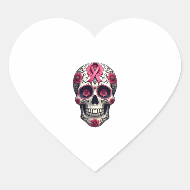 Pink Ribbon Sugar Skull Calavera Breast Cancer Awa Heart Sticker (Front)