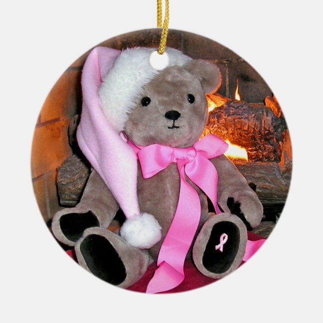 Pink Ribbon Teddy Bear Christmas Ornament (Front)
