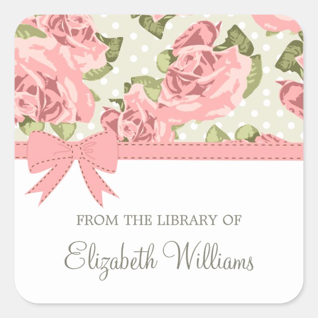 Pink Ribbon Vintage Roses Square Sticker (Front)