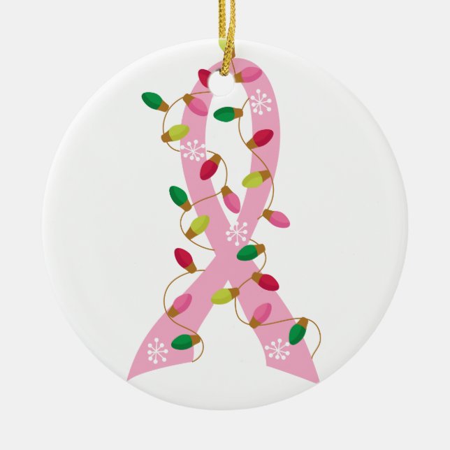 Pink Ribbon With Christmas Lights Breast Cancer Ceramic Ornament (Front)