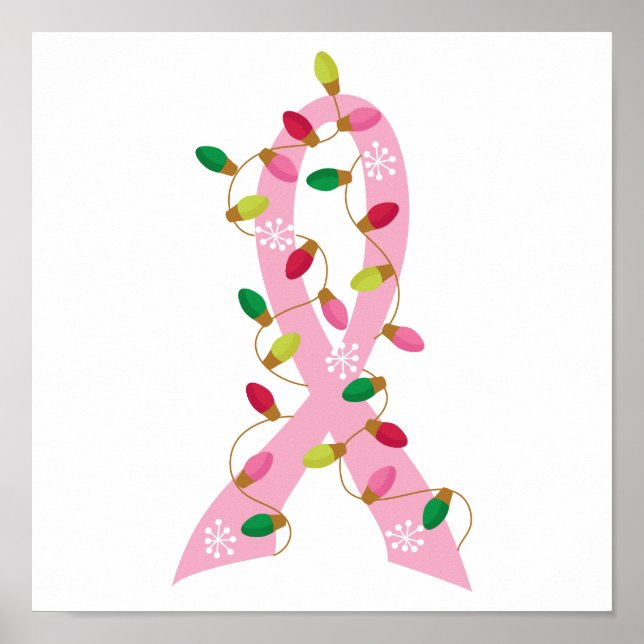 Pink Ribbon With Christmas Lights Breast Cancer Poster (Front)
