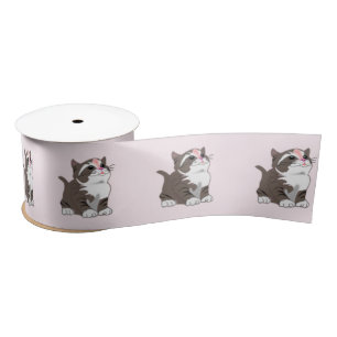 Pink Ribbon with Cute Baby Cat - Customisable Satin Ribbon