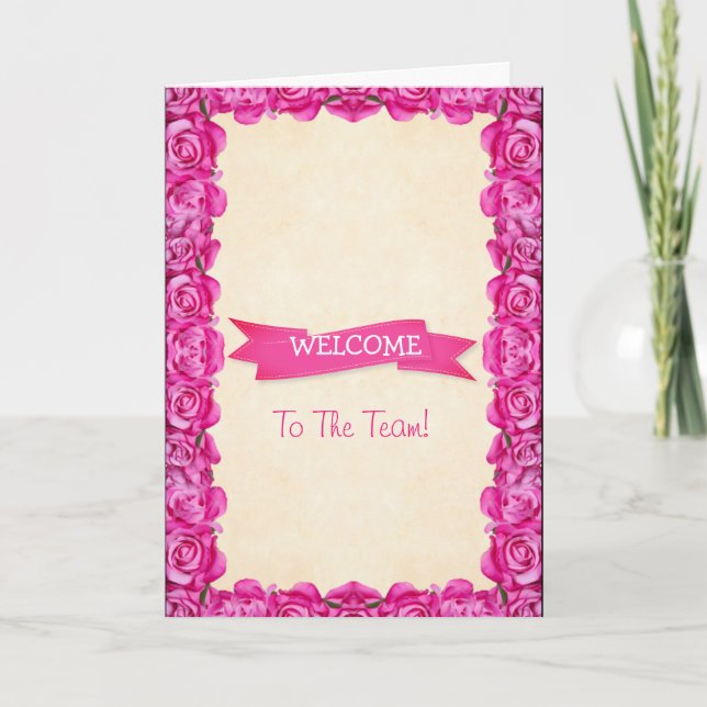 Pink Ribbon with Floral Rose Border Welcome Thank You Card (Front)