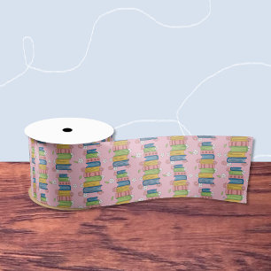 Pink Ribbon with Pile of Books and Little Flowers Satin Ribbon