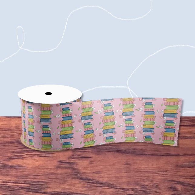 Pink Ribbon with Pile of Books and Little Flowers Satin Ribbon (Cute pink ribbon for book lovers .)