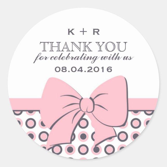 Pink Ribbons and Bows Polka Dots Wedding Stickers (Front)