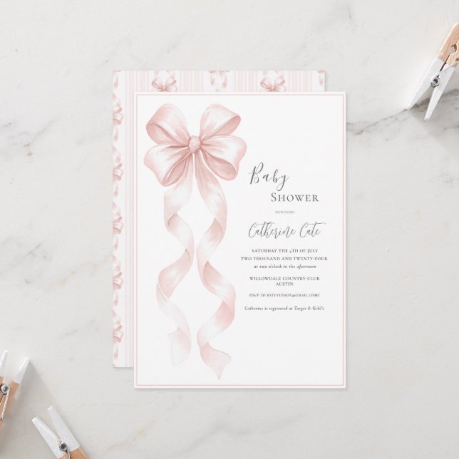 Pink Ribbons & Bows Elegant Baby Invitation (Front/Back In Situ)