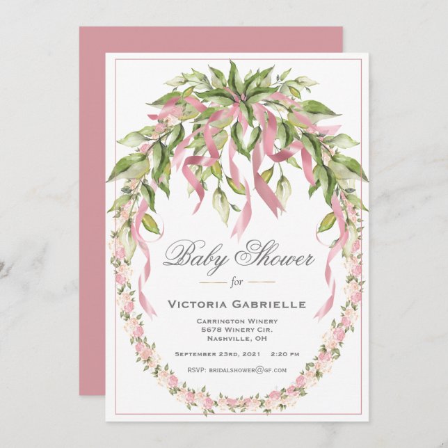 Pink Ribbons Floral Wreath Elegant Baby Shower Inv Invitation (Front/Back)