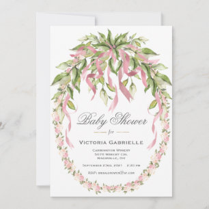 Pink Ribbons Floral Wreath Elegant Baby Shower Invitation