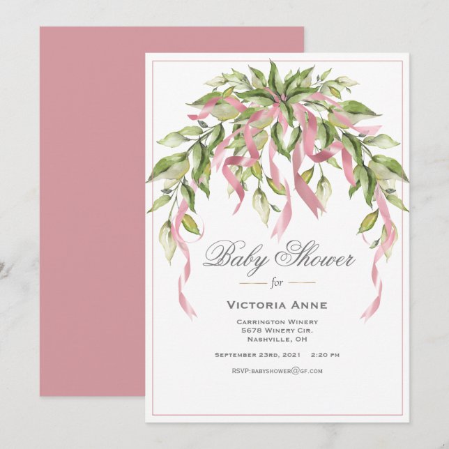 Pink Ribbons Greenery Elegant Baby Shower Invitati Invitation (Front/Back)