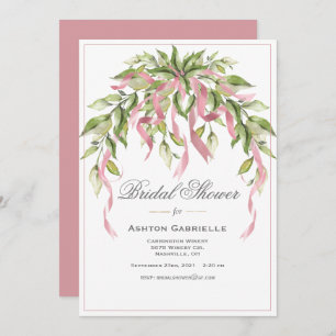 Pink Ribbons Greenery Elegant Bridal Shower Invit Invitation