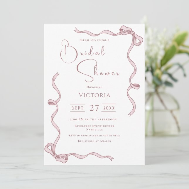Pink Ribbons Minimalist Bridal Shower Invitation (Standing Front)