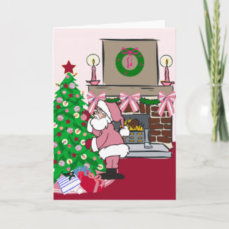 pink ribbons santa holiday card