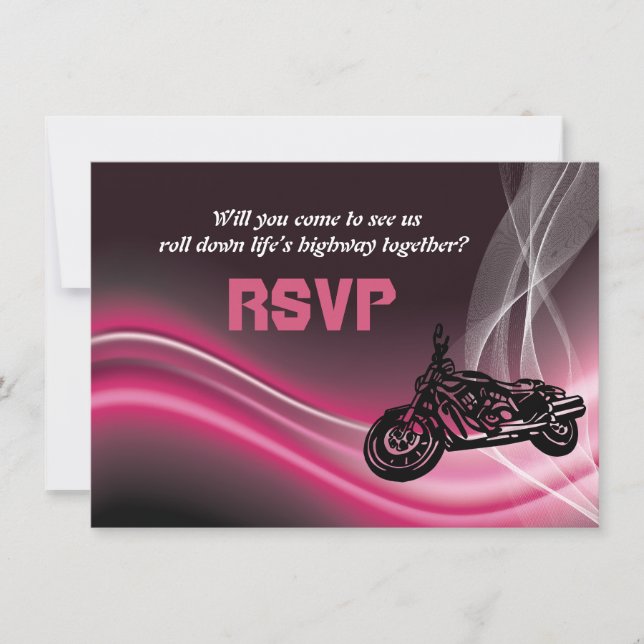 Pink road biker wedding RSVP response card (Front)