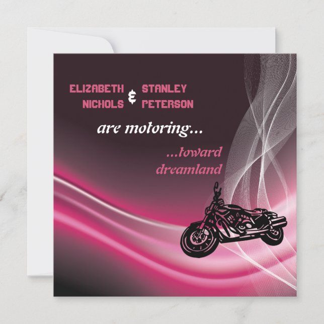 Pink road motorcycle biker wedding invitation (Front)