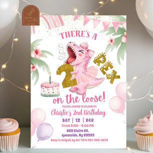 Pink Roaring Dinosaur 2-rex birthday Invitation