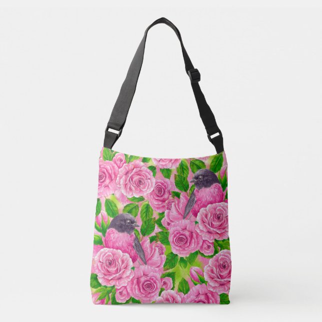 Pink Robin and roses Crossbody Bag (Front)