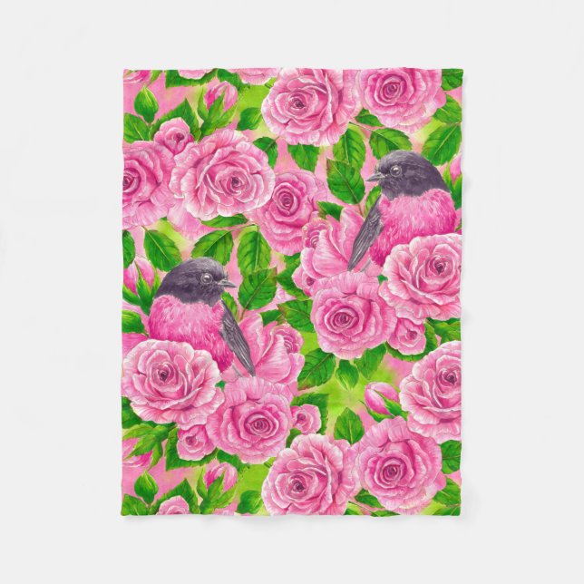Pink Robin and roses Fleece Blanket (Front)