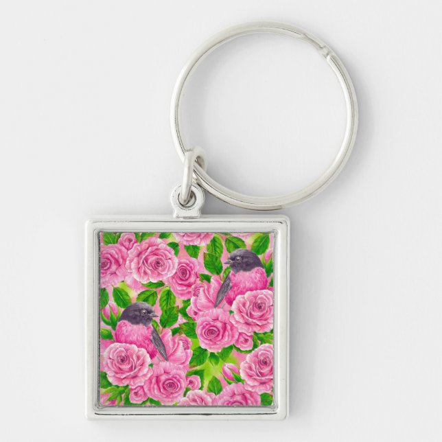 Pink Robin and roses Key Ring (Front)
