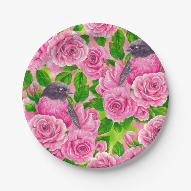 Pink Robin and roses Paper Plate (Front)