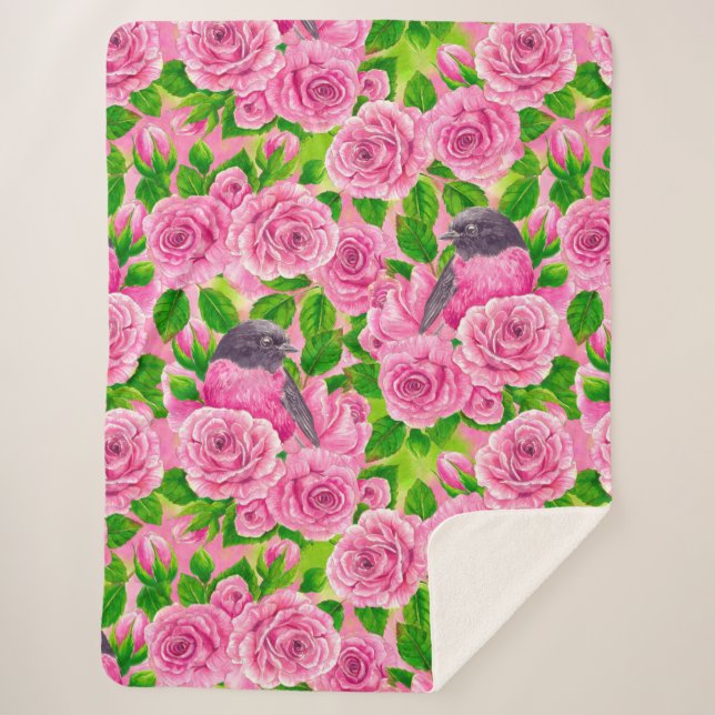 Pink Robin and roses Sherpa Blanket (Front)