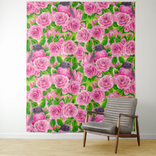Pink Robin and roses Tapestry