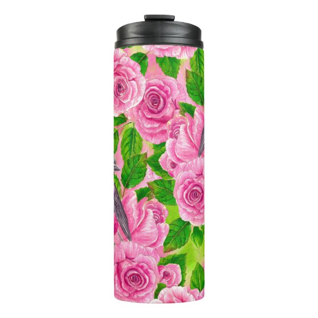 Pink Robin and roses Thermal Tumbler (Front)