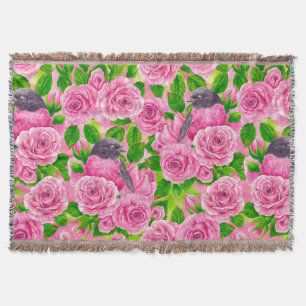 Pink Robin and roses Throw Blanket