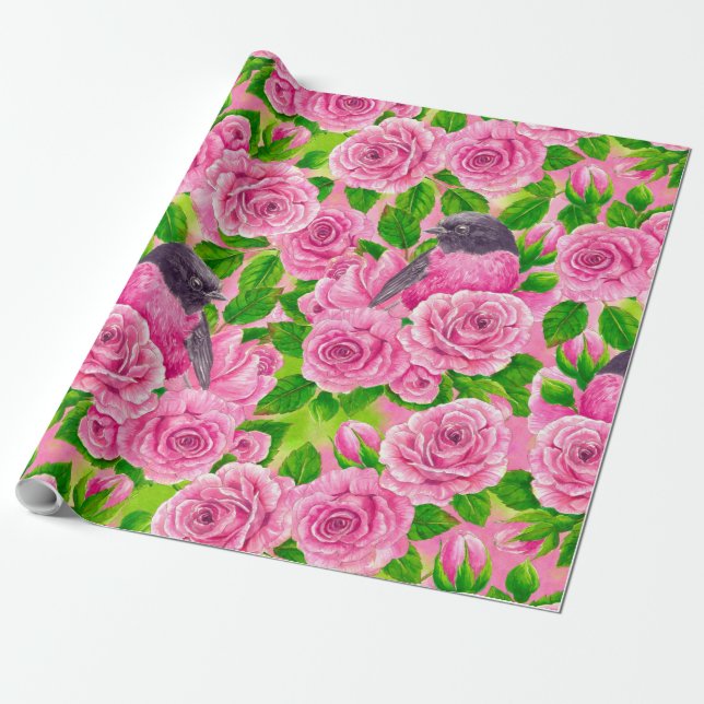 Pink Robin and roses Wrapping Paper (Unrolled)